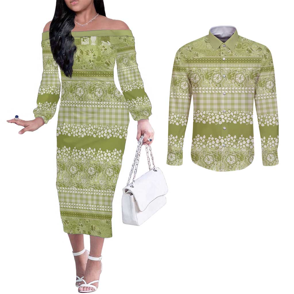 Hawaiian Hibiscus Honu Couples Matching Off The Shoulder Long Sleeve Dress and Long Sleeve Button Shirt Sage Green Mele Kalikimaka Palaka Spirit LT9 Sage Green - Polynesian Pride