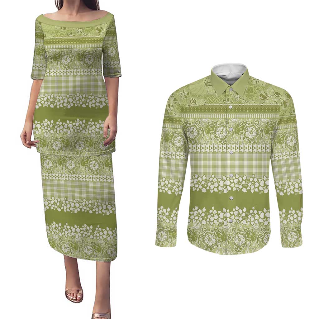 Hawaiian Hibiscus Honu Couples Matching Puletasi and Long Sleeve Button Shirt Sage Green Mele Kalikimaka Palaka Spirit LT9 Sage Green - Polynesian Pride