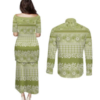 Hawaiian Hibiscus Honu Couples Matching Puletasi and Long Sleeve Button Shirt Sage Green Mele Kalikimaka Palaka Spirit LT9 - Polynesian Pride
