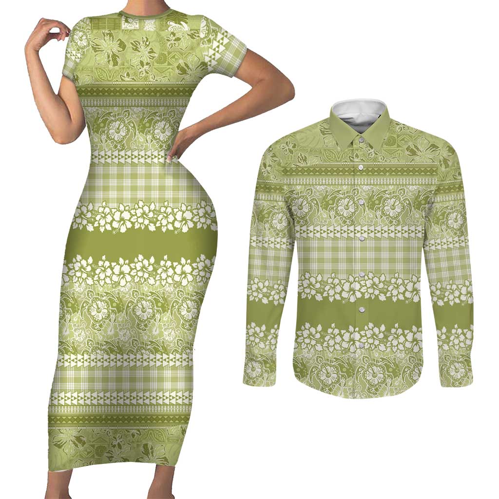 Hawaiian Hibiscus Honu Couples Matching Short Sleeve Bodycon Dress and Long Sleeve Button Shirt Sage Green Mele Kalikimaka Palaka Spirit LT9 Sage Green - Polynesian Pride