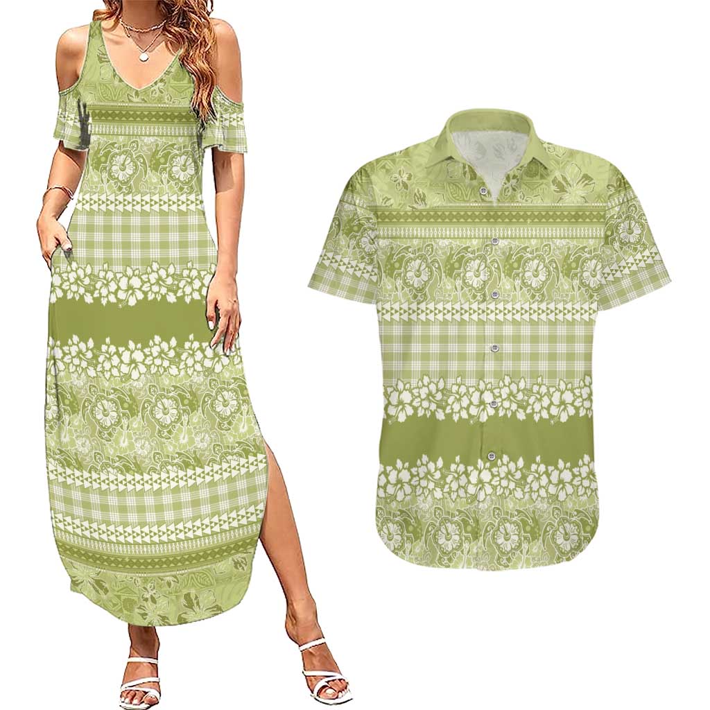 Hawaiian Hibiscus Honu Couples Matching Summer Maxi Dress and Hawaiian Shirt Sage Green Mele Kalikimaka Palaka Spirit LT9 Sage Green - Polynesian Pride