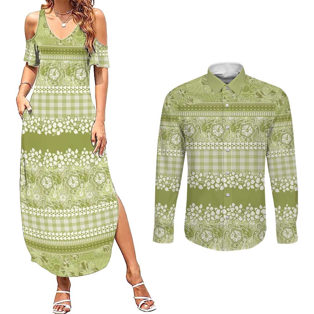 Hawaiian Hibiscus Honu Couples Matching Summer Maxi Dress and Long Sleeve Button Shirt Sage Green Mele Kalikimaka Palaka Spirit LT9 Sage Green - Polynesian Pride