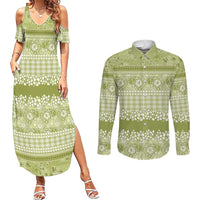 Hawaiian Hibiscus Honu Couples Matching Summer Maxi Dress and Long Sleeve Button Shirt Sage Green Mele Kalikimaka Palaka Spirit LT9 Sage Green - Polynesian Pride