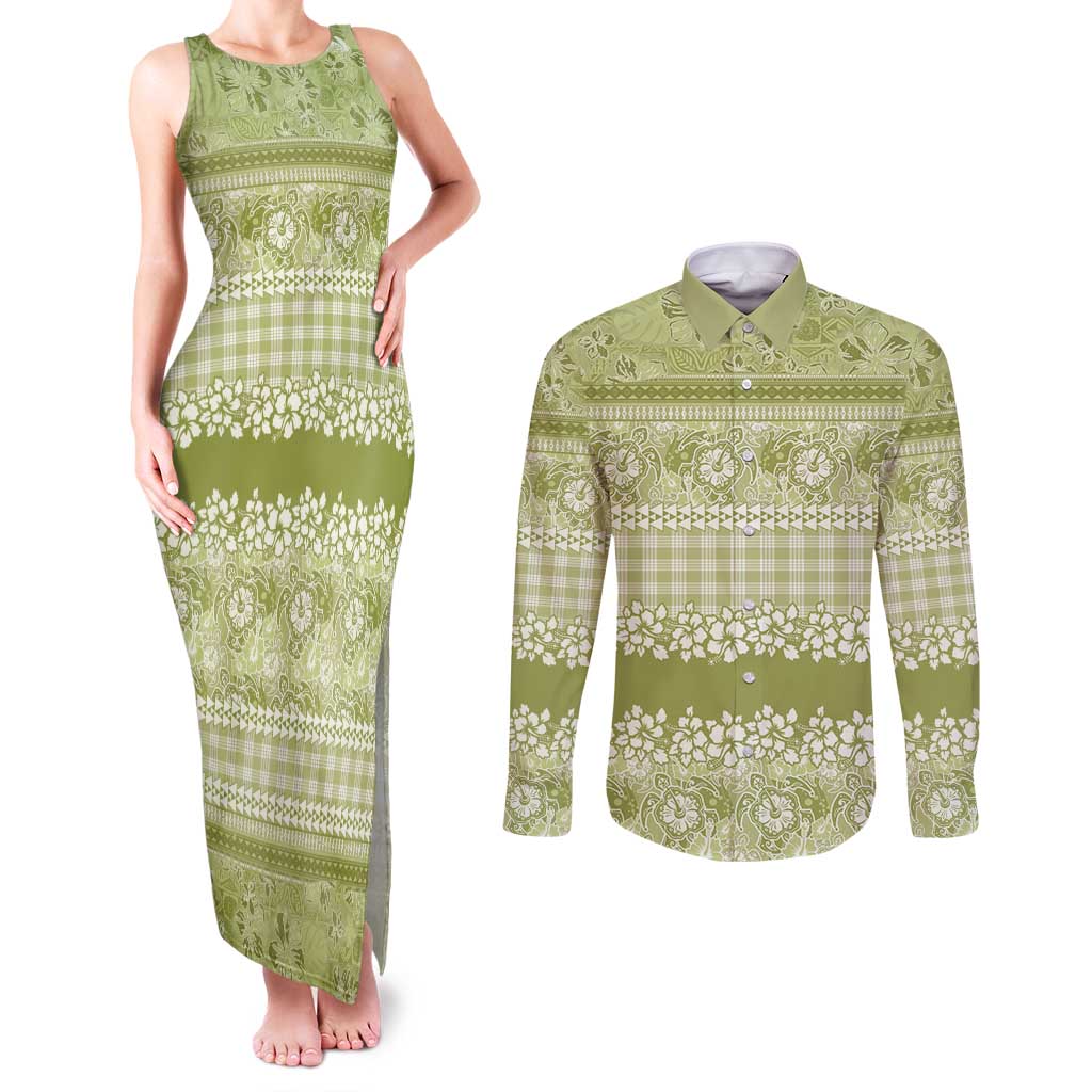 Hawaiian Hibiscus Honu Couples Matching Tank Maxi Dress and Long Sleeve Button Shirt Sage Green Mele Kalikimaka Palaka Spirit LT9 Sage Green - Polynesian Pride