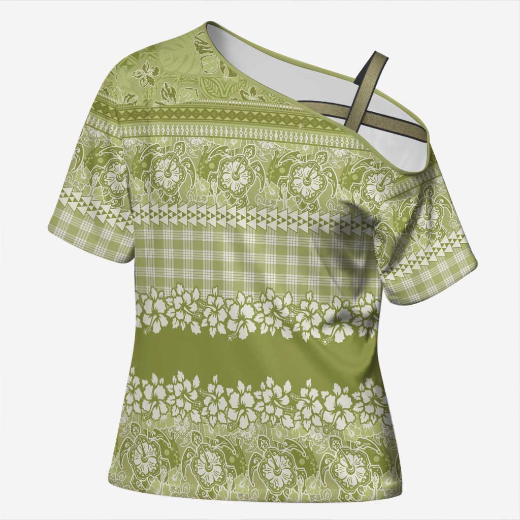 Hawaiian Hibiscus Honu Cross Shoulder Shirt Sage Green Mele Kalikimaka Palaka Spirit - Polynesian Pride