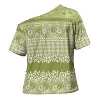 Hawaiian Hibiscus Honu Cross Shoulder Shirt Sage Green Mele Kalikimaka Palaka Spirit LT9 - Polynesian Pride
