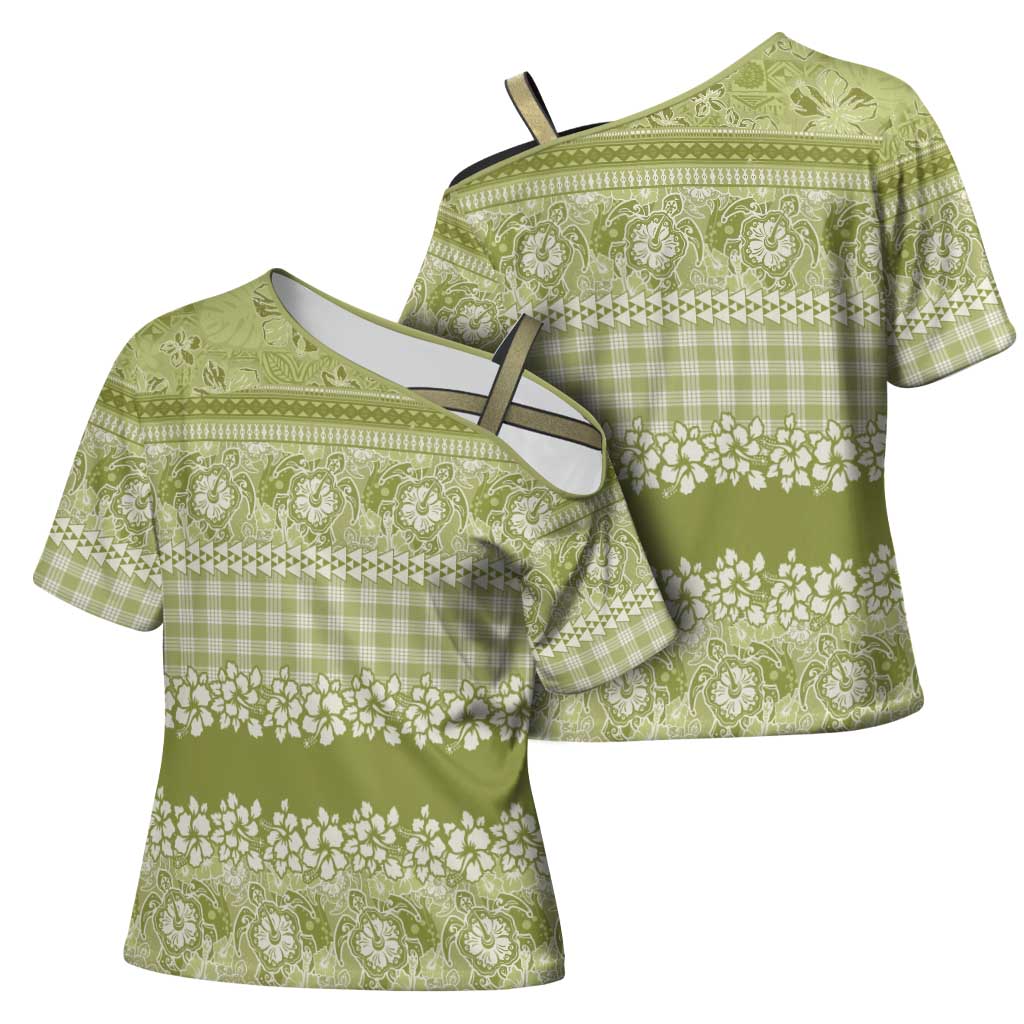 Hawaiian Hibiscus Honu Cross Shoulder Shirt Sage Green Mele Kalikimaka Palaka Spirit LT9 - Polynesian Pride