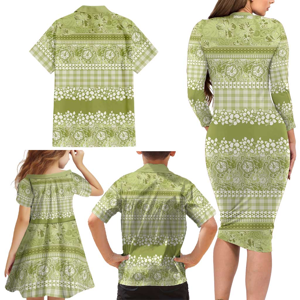 Hawaiian Hibiscus Honu Family Matching Long Sleeve Bodycon Dress and Hawaiian Shirt Sage Green Mele Kalikimaka Palaka Spirit LT9 - Polynesian Pride