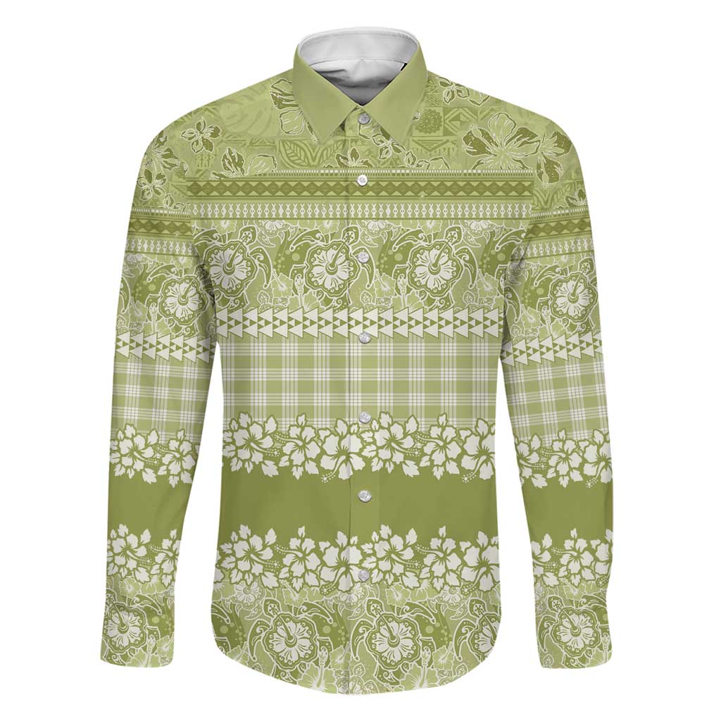 Hawaiian Hibiscus Honu Family Matching Mermaid Dress and Hawaiian Shirt Sage Green Mele Kalikimaka Palaka Spirit LT9 Dad's Shirt - Long Sleeve Sage Green - Polynesian Pride