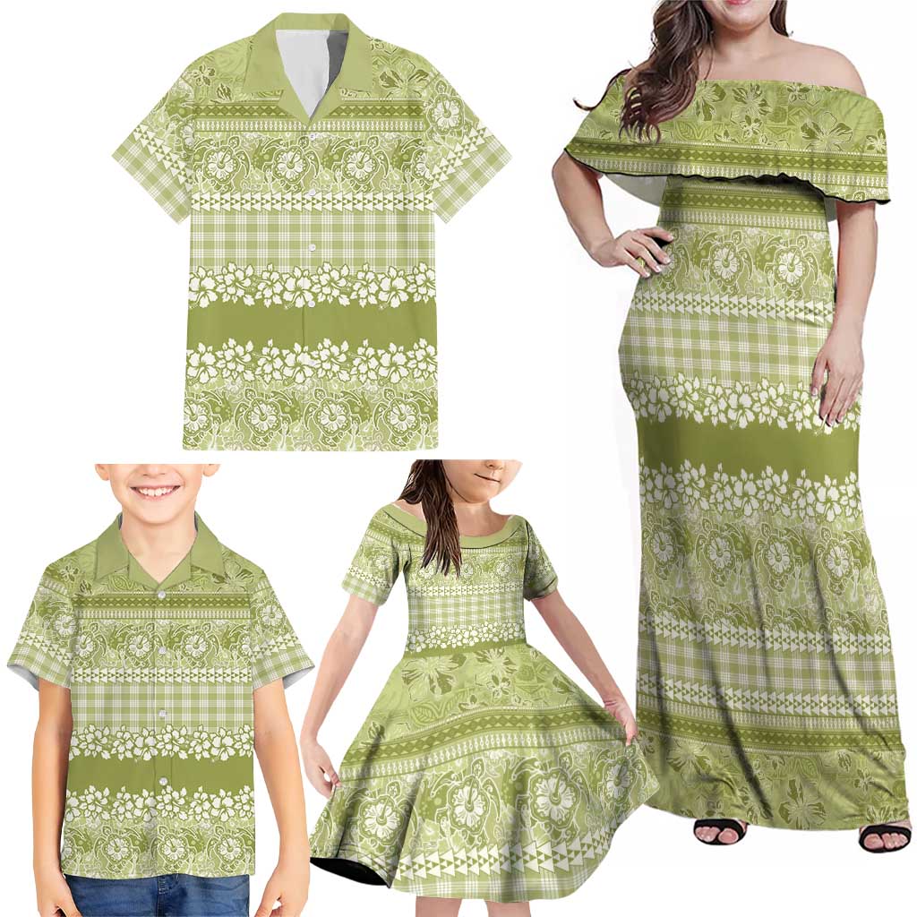 Hawaiian Hibiscus Honu Family Matching Off Shoulder Maxi Dress and Hawaiian Shirt Sage Green Mele Kalikimaka Palaka Spirit LT9 - Polynesian Pride