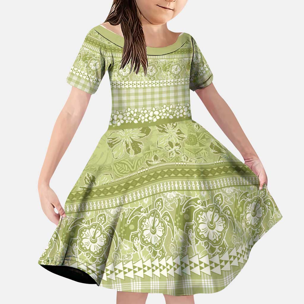 Hawaiian Hibiscus Honu Family Matching Off Shoulder Short Dress and Hawaiian Shirt Sage Green Mele Kalikimaka Palaka Spirit LT9 Daughter's Dress Sage Green - Polynesian Pride