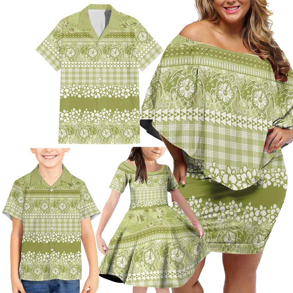 Hawaiian Hibiscus Honu Family Matching Off Shoulder Short Dress and Hawaiian Shirt Sage Green Mele Kalikimaka Palaka Spirit LT9 - Polynesian Pride