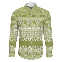 Hawaiian Hibiscus Honu Family Matching Off Shoulder Short Dress and Hawaiian Shirt Sage Green Mele Kalikimaka Palaka Spirit LT9 Dad's Shirt - Long Sleeve Sage Green - Polynesian Pride