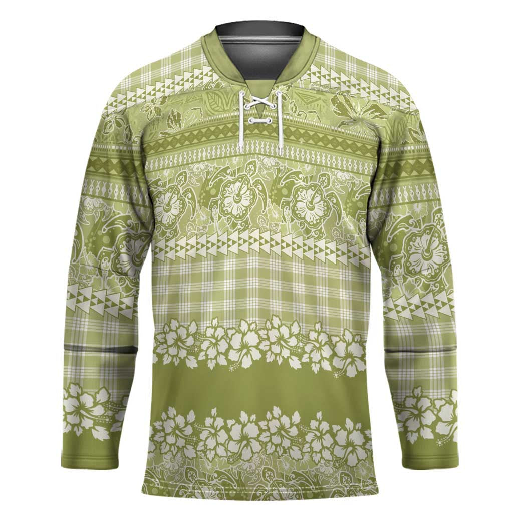 Hawaiian Hibiscus Honu Hockey Jersey Sage Green Mele Kalikimaka Palaka Spirit - Polynesian Pride