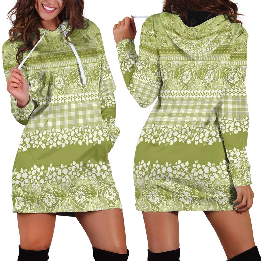 Hawaiian Hibiscus Honu Hoodie Dress Sage Green Mele Kalikimaka Palaka Spirit LT9 - Polynesian Pride