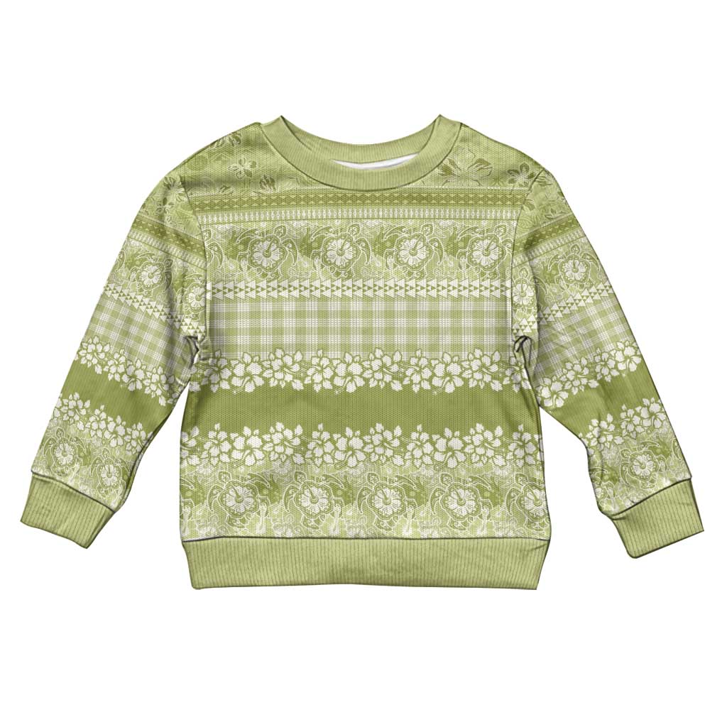 Hawaiian Hibiscus Honu Kid Ugly Christmas Sweater Sage Green Mele Kalikimaka Palaka Spirit LT9 Kid Sage Green - Polynesian Pride