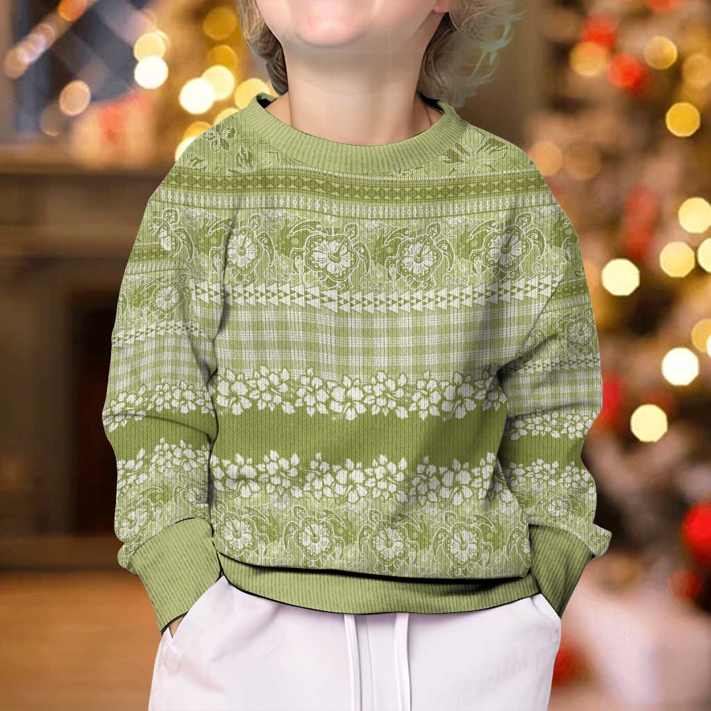 Hawaiian Hibiscus Honu Kid Ugly Christmas Sweater Sage Green Mele Kalikimaka Palaka Spirit LT9 - Polynesian Pride