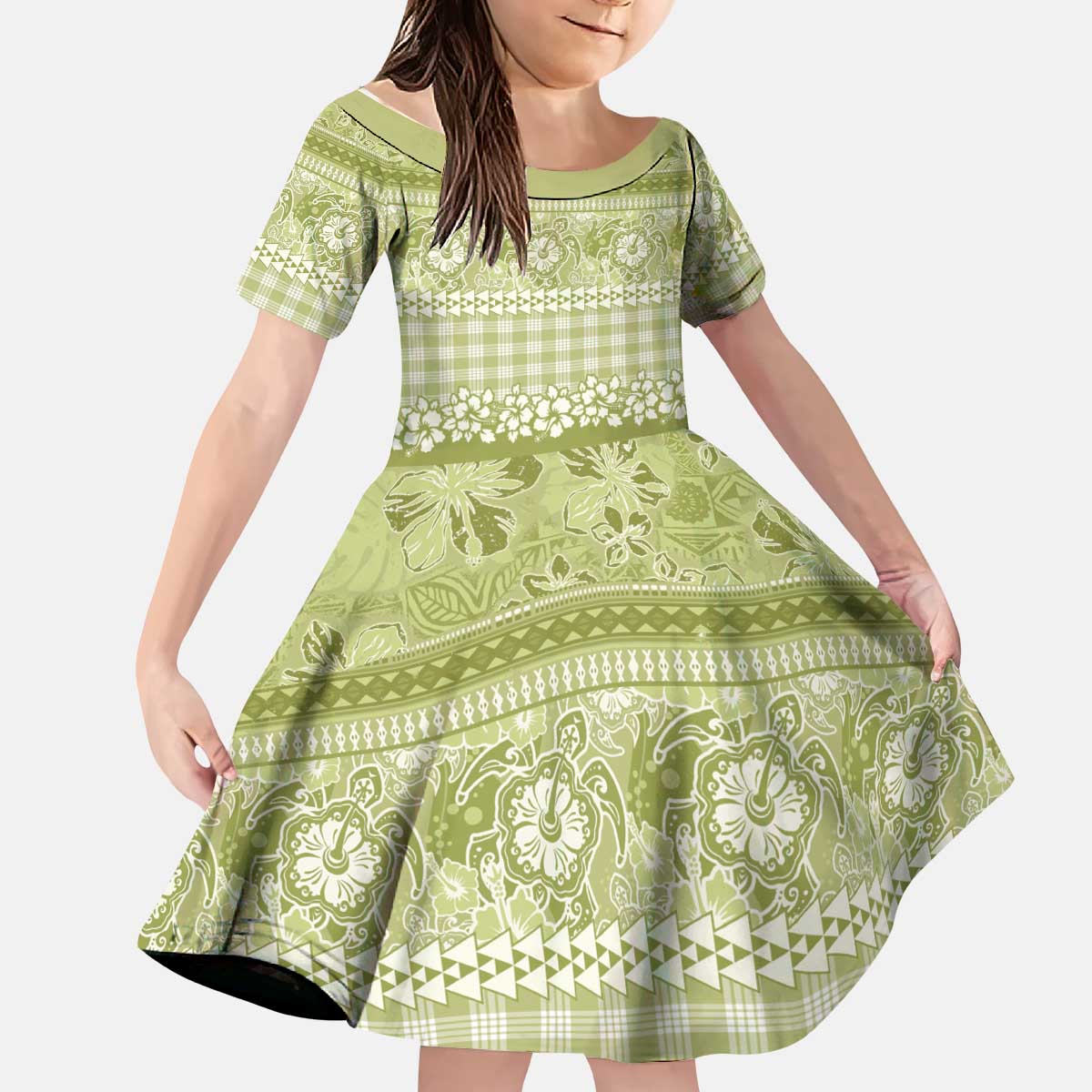 Hawaiian Hibiscus Honu Kid Short Sleeve Dress Sage Green Mele Kalikimaka Palaka Spirit LT9 KID Sage Green - Polynesian Pride