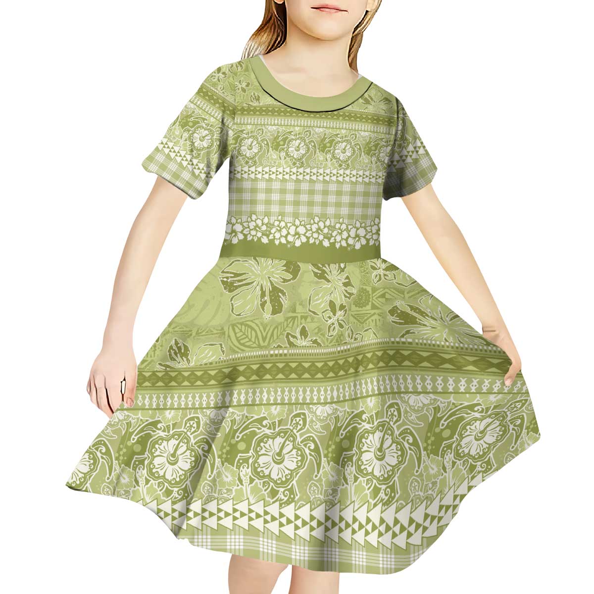 Hawaiian Hibiscus Honu Kid Short Sleeve Dress Sage Green Mele Kalikimaka Palaka Spirit LT9 - Polynesian Pride