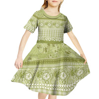 Hawaiian Hibiscus Honu Kid Short Sleeve Dress Sage Green Mele Kalikimaka Palaka Spirit LT9 - Polynesian Pride