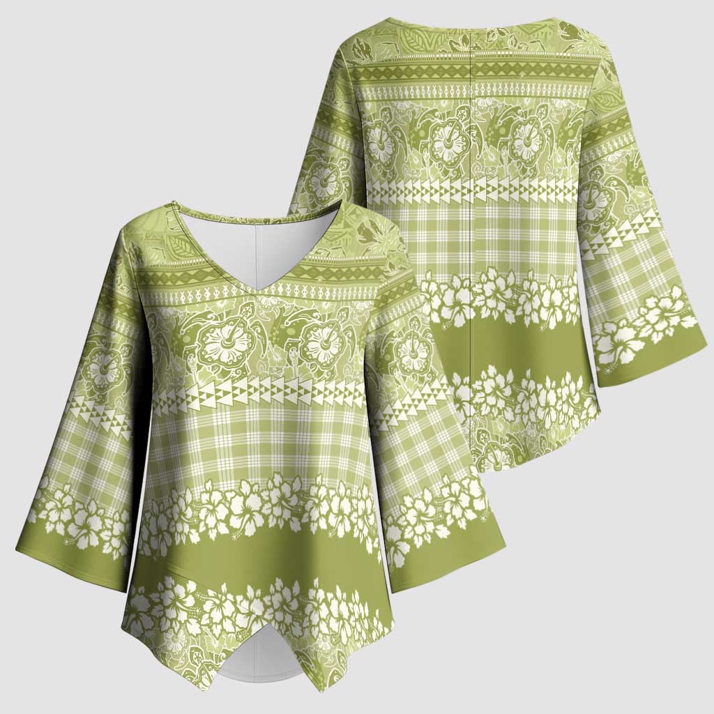 Hawaiian Hibiscus Honu Kimono Sleeve Blouse Sage Green Mele Kalikimaka Palaka Spirit LT9 - Polynesian Pride