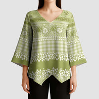 Hawaiian Hibiscus Honu Kimono Sleeve Blouse Sage Green Mele Kalikimaka Palaka Spirit LT9 - Polynesian Pride