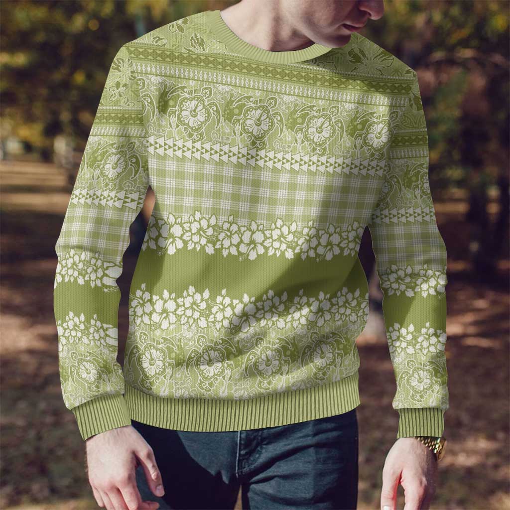Hawaiian Hibiscus Honu Ugly Christmas Sweater Sage Green Mele Kalikimaka Palaka Spirit LT9 - Polynesian Pride