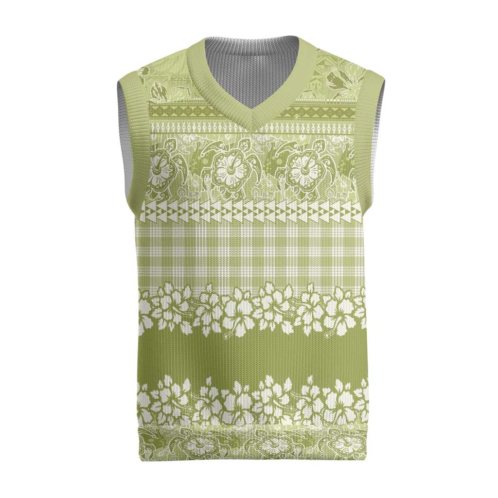 Hawaiian Hibiscus Honu Christmas Knitted V-Neck Vest Sage Green Mele Kalikimaka Palaka Spirit LT9 Sage Green - Polynesian Pride