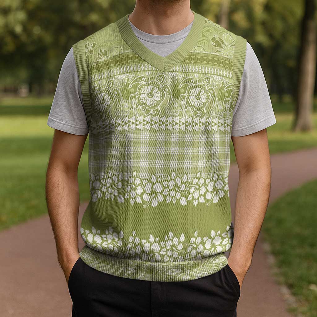 Hawaiian Hibiscus Honu Christmas Knitted V-Neck Vest Sage Green Mele Kalikimaka Palaka Spirit LT9 - Polynesian Pride