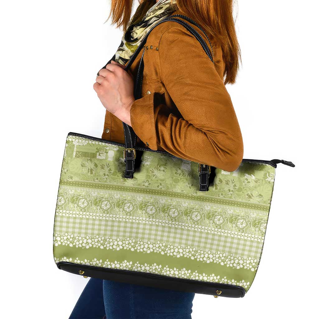 Hawaiian Hibiscus Honu Leather Tote Bag Sage Green Mele Kalikimaka Palaka Spirit LT9 Sage Green - Polynesian Pride
