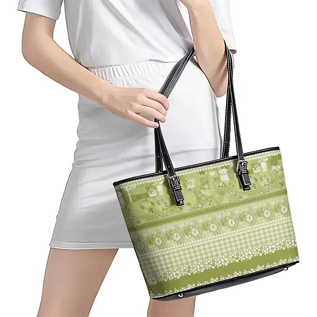 Hawaiian Hibiscus Honu Leather Tote Bag Sage Green Mele Kalikimaka Palaka Spirit LT9 - Polynesian Pride