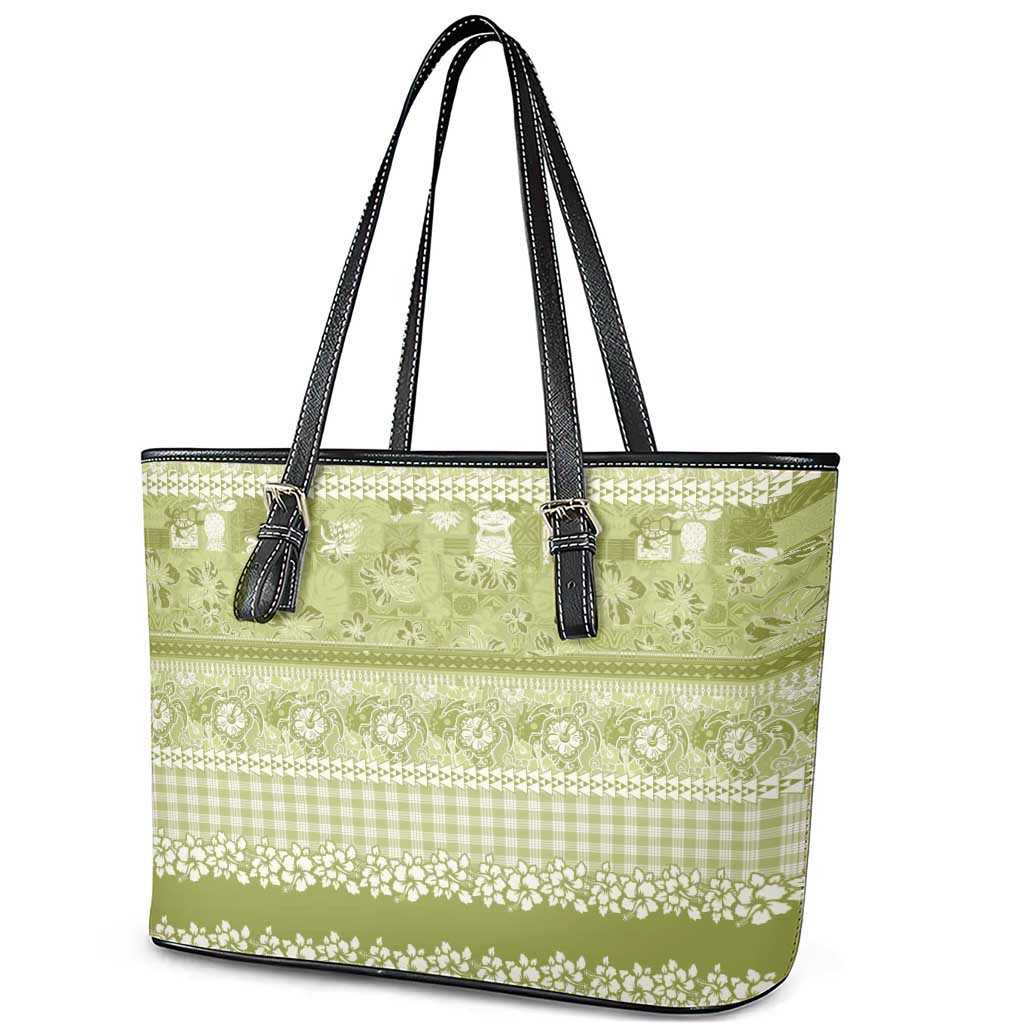Hawaiian Hibiscus Honu Leather Tote Bag Sage Green Mele Kalikimaka Palaka Spirit LT9 - Polynesian Pride