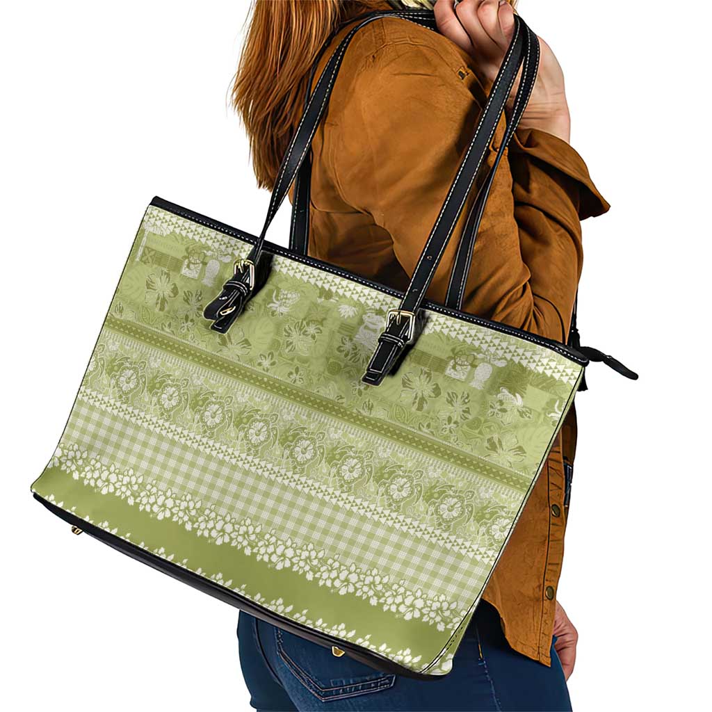 Hawaiian Hibiscus Honu Leather Tote Bag Sage Green Mele Kalikimaka Palaka Spirit LT9 - Polynesian Pride