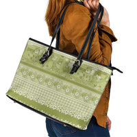 Hawaiian Hibiscus Honu Leather Tote Bag Sage Green Mele Kalikimaka Palaka Spirit LT9 - Polynesian Pride