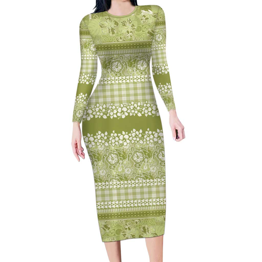 Hawaiian Hibiscus Honu Long Sleeve Bodycon Dress Sage Green Mele Kalikimaka Palaka Spirit LT9 Long Dress Sage Green - Polynesian Pride