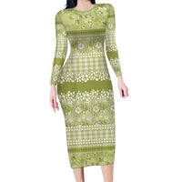 Hawaiian Hibiscus Honu Long Sleeve Bodycon Dress Sage Green Mele Kalikimaka Palaka Spirit LT9 Long Dress Sage Green - Polynesian Pride