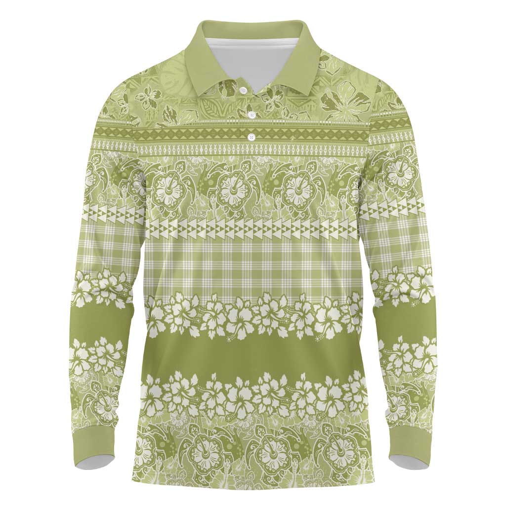 Hawaiian Hibiscus Honu Long Sleeve Polo Shirt Sage Green Mele Kalikimaka Palaka Spirit LT9 Sage Green - Polynesian Pride