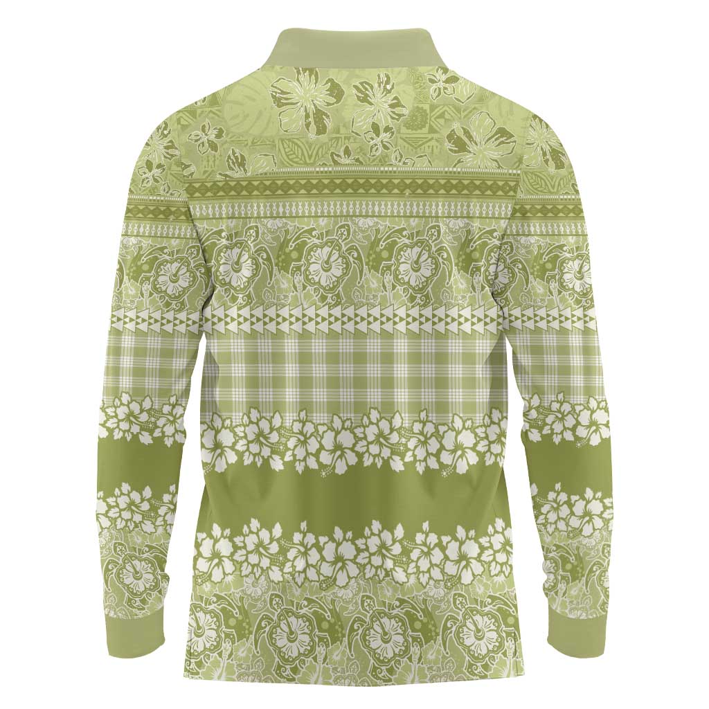 Hawaiian Hibiscus Honu Long Sleeve Polo Shirt Sage Green Mele Kalikimaka Palaka Spirit LT9 - Polynesian Pride