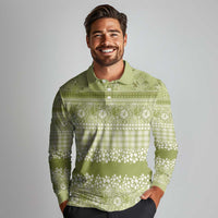 Hawaiian Hibiscus Honu Long Sleeve Polo Shirt Sage Green Mele Kalikimaka Palaka Spirit LT9 - Polynesian Pride
