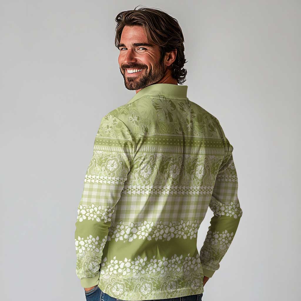 Hawaiian Hibiscus Honu Long Sleeve Polo Shirt Sage Green Mele Kalikimaka Palaka Spirit LT9 - Polynesian Pride