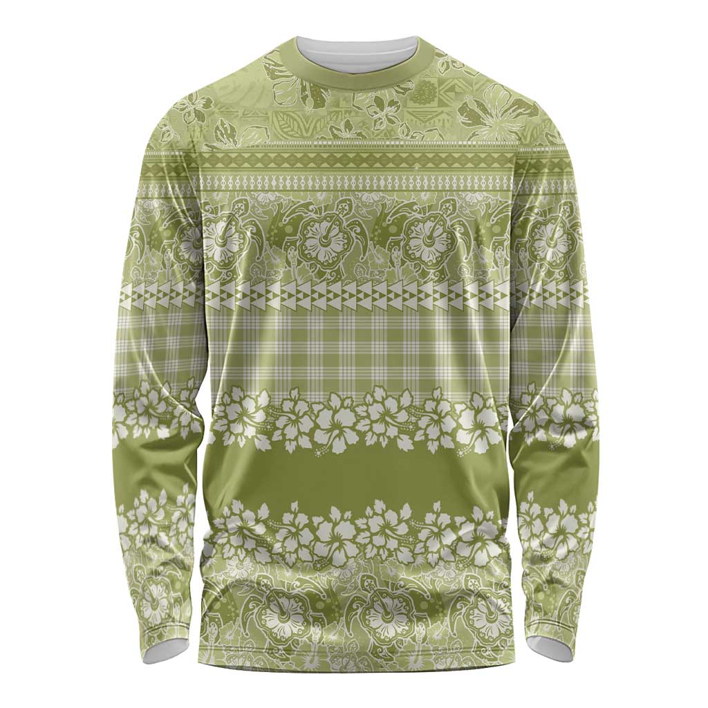 Hawaiian Hibiscus Honu Long Sleeve Shirt Sage Green Mele Kalikimaka Palaka Spirit LT9 Unisex Sage Green - Polynesian Pride