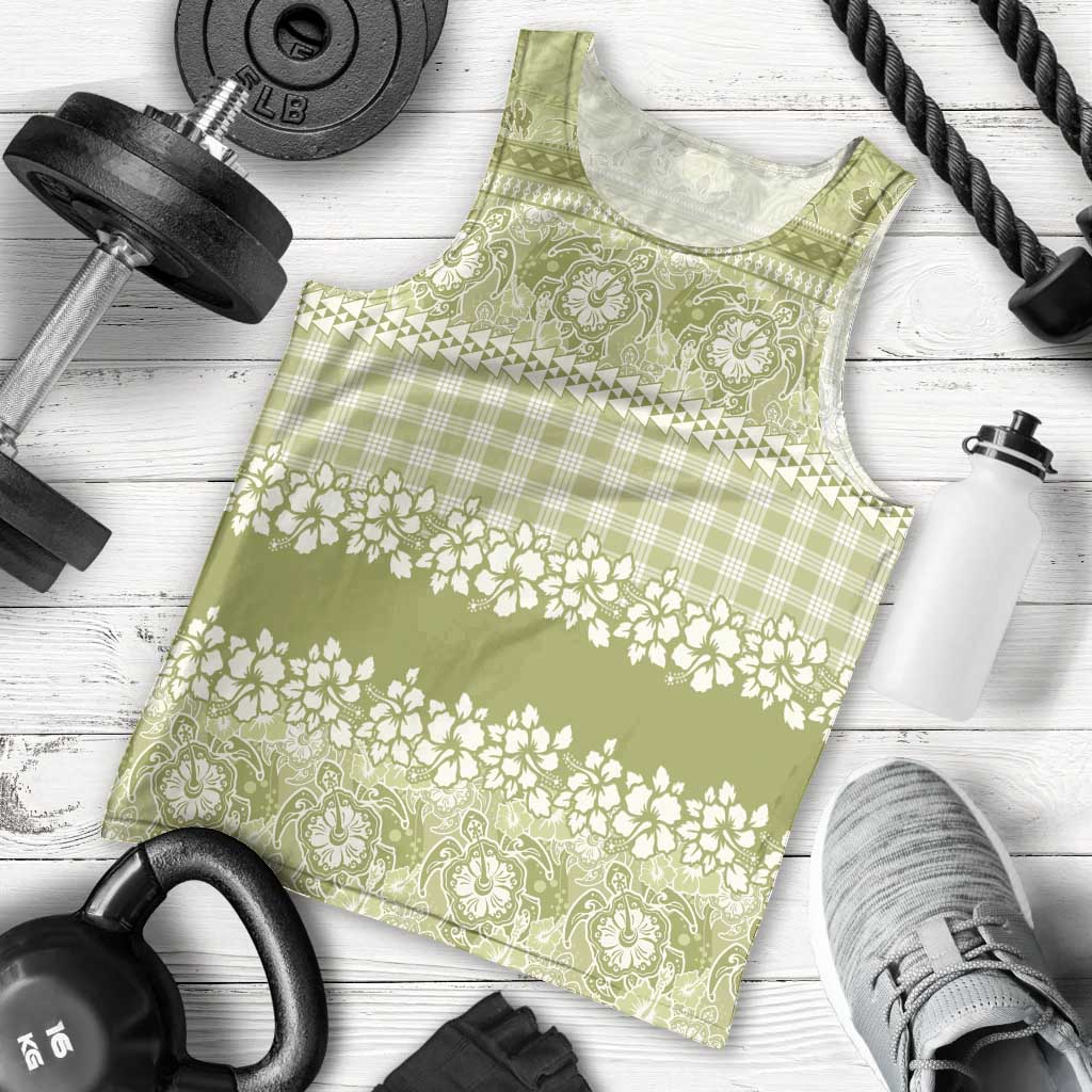 Hawaiian Hibiscus Honu Men Tank Top Sage Green Mele Kalikimaka Palaka Spirit LT9 - Polynesian Pride