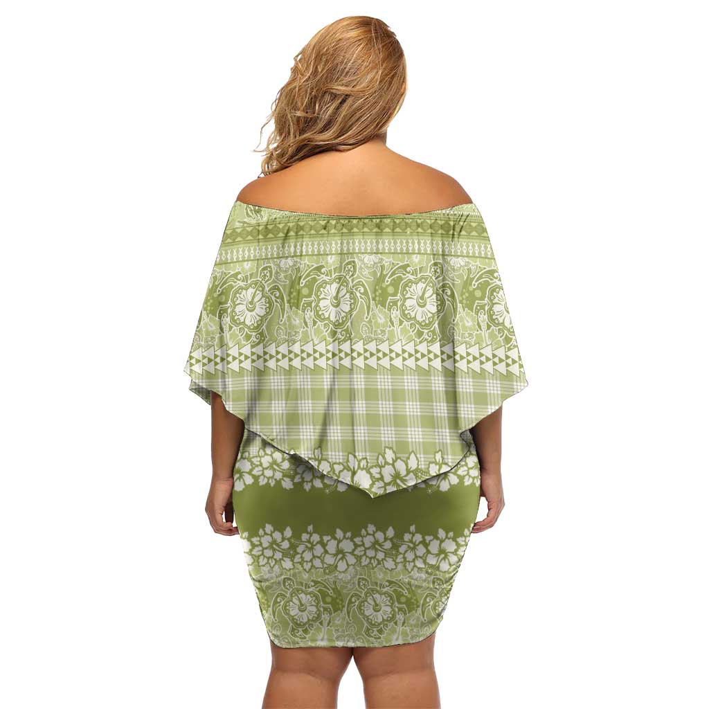 Hawaiian Hibiscus Honu Off Shoulder Short Dress Sage Green Mele Kalikimaka Palaka Spirit LT9 - Polynesian Pride
