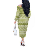 Hawaiian Hibiscus Honu Off The Shoulder Long Sleeve Dress Sage Green Mele Kalikimaka Palaka Spirit LT9 - Polynesian Pride