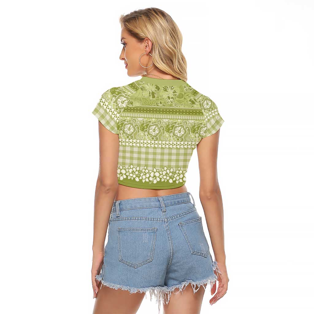 Hawaiian Hibiscus Honu Raglan Cropped T Shirt Sage Green Mele Kalikimaka Palaka Spirit LT9 - Polynesian Pride