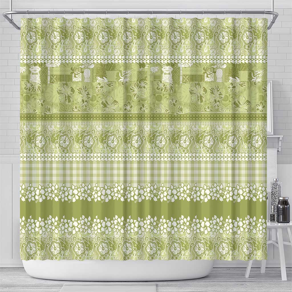 Hawaiian Hibiscus Honu Shower Curtain Sage Green Mele Kalikimaka Palaka Spirit LT9 - Polynesian Pride