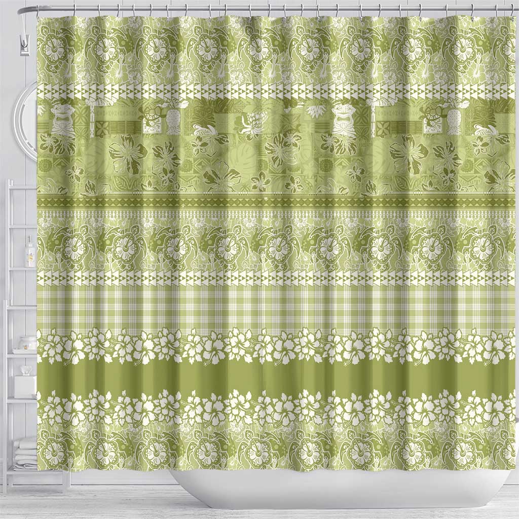 Hawaiian Hibiscus Honu Shower Curtain Sage Green Mele Kalikimaka Palaka Spirit LT9 - Polynesian Pride