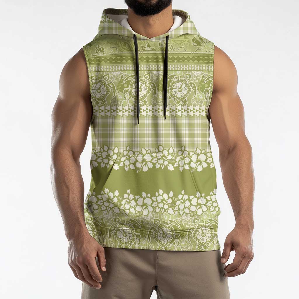 Hawaiian Hibiscus Honu Sleeveless Hoodie Sage Green Mele Kalikimaka Palaka Spirit LT9 - Polynesian Pride