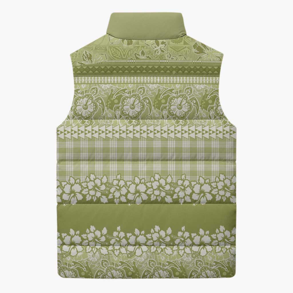 Hawaiian Hibiscus Honu Sleeveless Puffer Jacket Sage Green Mele Kalikimaka Palaka Spirit - Polynesian Pride