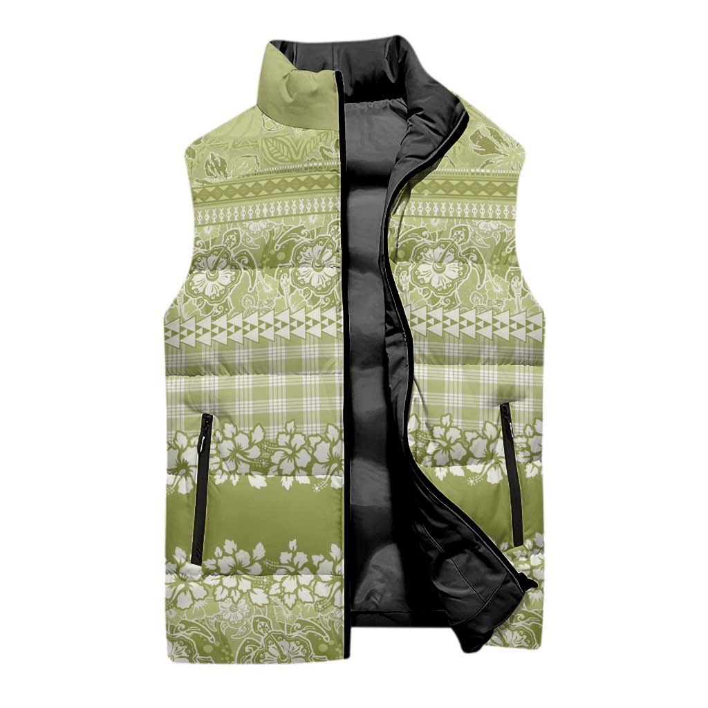 Hawaiian Hibiscus Honu Sleeveless Puffer Jacket Sage Green Mele Kalikimaka Palaka Spirit - Polynesian Pride